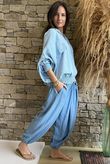 Basso Button Drape Batwing Shirt Baby Blue